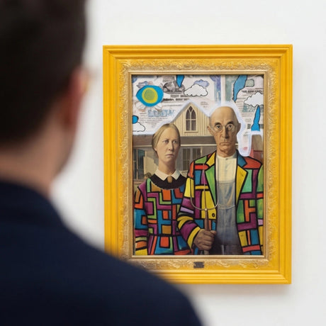 Person looking at a colorful abstract painting of two people in a yellow frame.